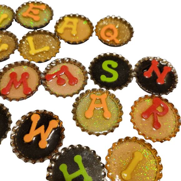 Handmade Alphabet Bottlecap Magnets Set of 34 - Resin, Fridge Decor - Picture 2 of 16